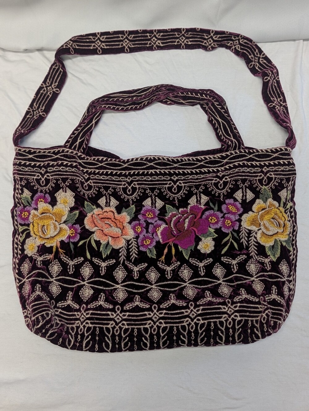 Johnny Was Silk Merlot Velvet Shoulder/Crossbody Bag Floral Embroidery EUC